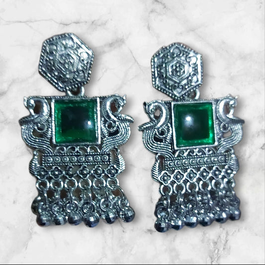 Oxidised Silver Green Stone Earrings